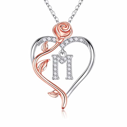Iefil Rose Heart Initial Necklace, Anniversary Birthday Gifts for Women | Gift Box Packaging, 925 Sterling Silver, Jewelry Gift for Her Wife Mom Girlfriend, Initial A-Z, 19+2inches - color: IEFIL Jewelry Box, style: M