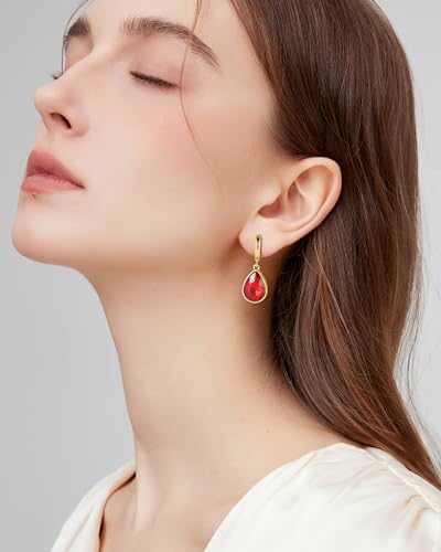Crystals Teardrop Dangle Drop Earrings, 18K Gold Plated Hoop Earrings Zirconia Jewelry for Women Gifts - color: Red