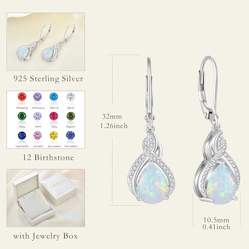 925 Sterling Silver Infinity Teardrop Earrings for Women | Lwsary Dangle Drop Leverback Earrings, Pear Shaped Birthstone Jewelry for Her - color: Milky Rainbow