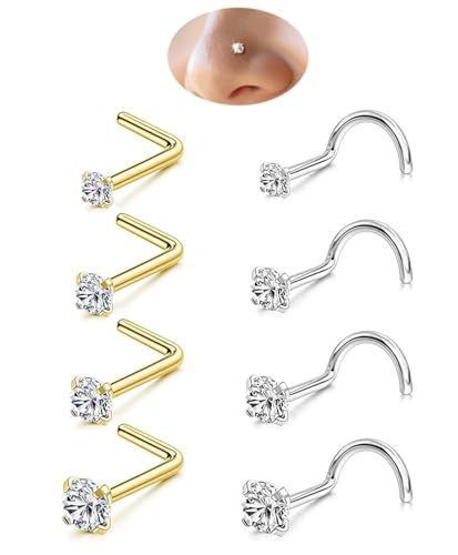 8PCS 18G 20G 22G Nose Studs, Hypoallergenic L Shaped Nose Rings Set | Gold/silver styles, 316L Surgical Stainless Steel, CZ sizes 1.5-3mm, secure fit for sensitive skin and daily wear - color: 20G Gold L-Shaped/Silver Corkscrew