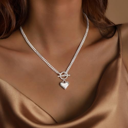 IMBOS 14K Gold Plated Chunky Chain Choker Necklaces for Women Chunky Gold Necklace Tennis Necklace for Women CZ Love Chain Cuban Link Choker Jewelry Gifts - color: Silver-Heart Necklace