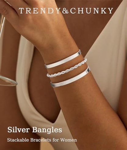 ZOERAY Silver Gold Bangle Bracelets for Women Non Tarnish 14k Gold Plated Stackable Cuff Bracelets for Women Trendy Cubic Zirconia Stainless Steel Chunky Bracelet Stack Set Waterproof Jewelry Gifts - color: C.Rope-Silver