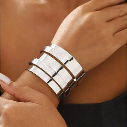 14K Gold Plated Cuff Wide Bangle for Women,Simple Geometric Adjustable Statement Open Bracelet Personality Cyberpunk Band Party Jewelry Gifts - color: Silver