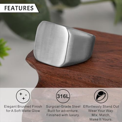 Men's Stainless Steel Square Biker Signet Ring, Black Silver Gold Styles | plain flat top, polished and brushed finish options, chunky profile, pinky or thumb styling, gift-ready for dad or him - color: Silver-Brushed