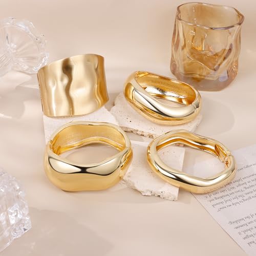 Chunky Gold Bangles Bracelets for Women, 14k Gold Plated Hinged Big Stackable Bangles Set, Trendy Wide Statement Cuff Bracelets Stack Fashion Jewelry Gifts - color: Gold-4pcs-Styles-2