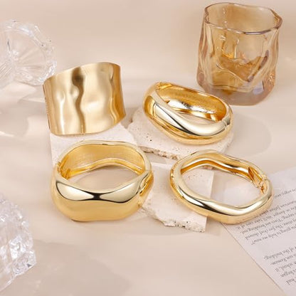 Chunky Gold Bangles Bracelets for Women, 14k Gold Plated Hinged Big Stackable Bangles Set, Trendy Wide Statement Cuff Bracelets Stack Fashion Jewelry Gifts - color: Gold-4pcs-Styles-2