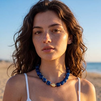 Beaded Necklaces for Women Boho Chunky Necklace Statement Big Resin Bead Choker Fashion Summer Beach Jewelry - color: Royal Blue