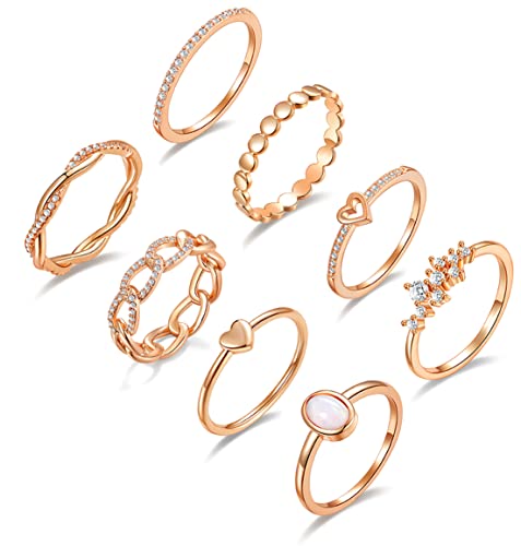 PLOMFOV 14K Gold/Silver Plated Stacking Rings Set for Women Non Tarnish CZ Heart Simple Cute Stackable Rings Dainty Trendy Gold Statement Rings Plain Band Size 4-12 - color: Rose Gold Tone