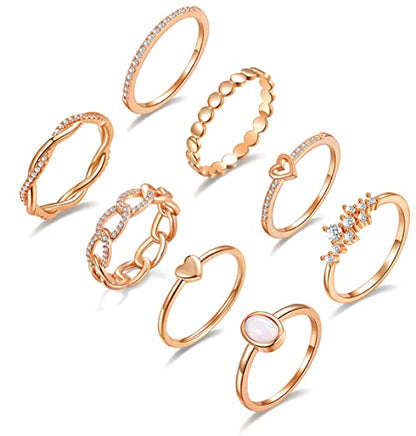 PLOMFOV 14K Gold/Silver Plated Stacking Rings Set for Women Non Tarnish CZ Heart Simple Cute Stackable Rings Dainty Trendy Gold Statement Rings Plain Band Size 4-12 - color: Rose Gold Tone