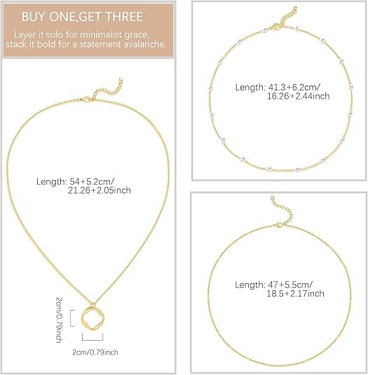 Evabelle Gold Layered Necklace for Women Trendy Jewelry 14K Real Gold Plated Chunky Chain Stackable Necklaces Dainty Choker Necklaces Rectangle Square Pendant - color: Gold Necklace 33