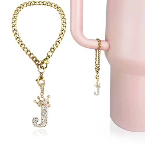Cup Charms for Stanley Handle- Crown Letter Charms Accessories for Stanley Handle 40 Oz Tumblers Gold Initial Keychain Water Bottle Cup with Diamond Glitter Jewelry Personalized Decorations J - color: Letter J
