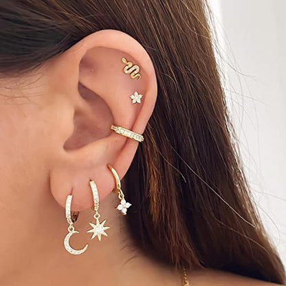 DAILY VIBES Cute Gold Mini Dangle Huggie Hoop Earrings for Women Trendy | 14K Gold Plated, Dainty Cubic Zirconia, Small Hoop Earrings with Charm Drop, Jewelry Gift for Women Ladies - color: Small Flower CZ