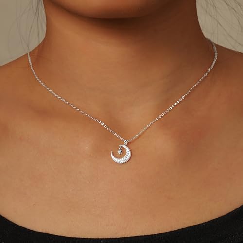 925 Sterling Silver Dainty Crescent Moon Necklace for Women | 14K Gold Plated White Cubic Zirconia Moon and Star Pendant Choker Necklace to Daughter Mother Trendy Wedding Jewelry Gifts - color: Silver