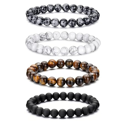 Mens Beaded Bracelets Set 8MM Tiger Eye Lava Stone Stretch Natural Stone Men's Bead Bracelet Mens Bracelet - color: 4,black,white