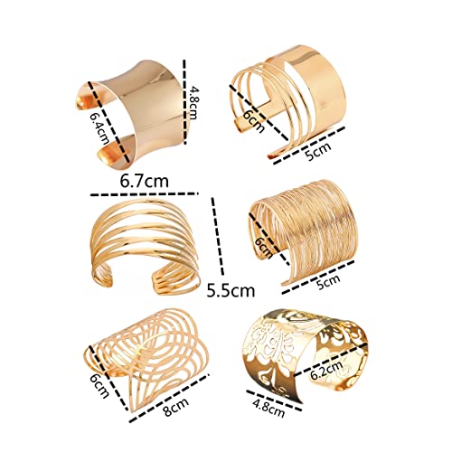 COLORFUL BLING Punk Alloy Hollow Geometric Smooth Polished Gold Hoop Open Cuff Wide Bracelet Bangle Wrist Jewelry for Women Lady - color: 6pcs gold B