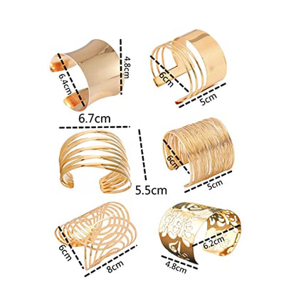 COLORFUL BLING Punk Alloy Hollow Geometric Smooth Polished Gold Hoop Open Cuff Wide Bracelet Bangle Wrist Jewelry for Women Lady - color: 6pcs gold B