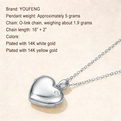 YOUFENG Love Heart Locket Necklace That Holds Pictures S925 Silver Photo Lockets Gifts for Women Jewelry - style: Polished