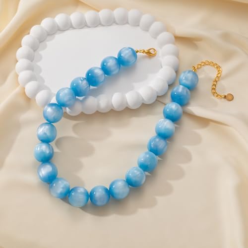 Beaded Necklace for Women Boho Chunky Large Round Beaded Statement Choker Trendy Adjustable Resin Necklaces Summer Beach Jewelry Gifts - color: Light Blue