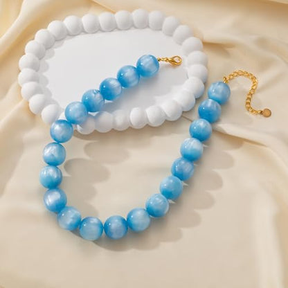 Beaded Necklace for Women Boho Chunky Large Round Beaded Statement Choker Trendy Adjustable Resin Necklaces Summer Beach Jewelry Gifts - color: Light Blue