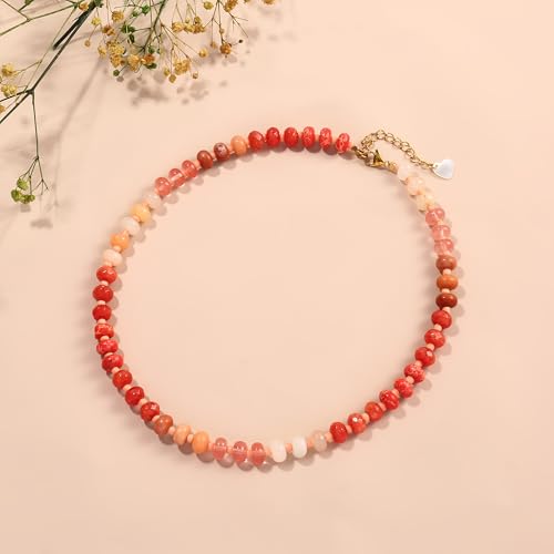 Joya Love Colorful Gemstone Beaded Necklaces For Women Trendy Rainbow Natural Stone Boho Handmade Stainless Steel Waterproof Strand Necklaces Jewelry For Women Gift - color: Red Pink