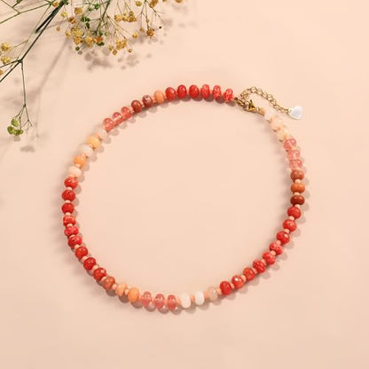 Joya Love Colorful Gemstone Beaded Necklaces For Women Trendy Rainbow Natural Stone Boho Handmade Stainless Steel Waterproof Strand Necklaces Jewelry For Women Gift - color: Red Pink