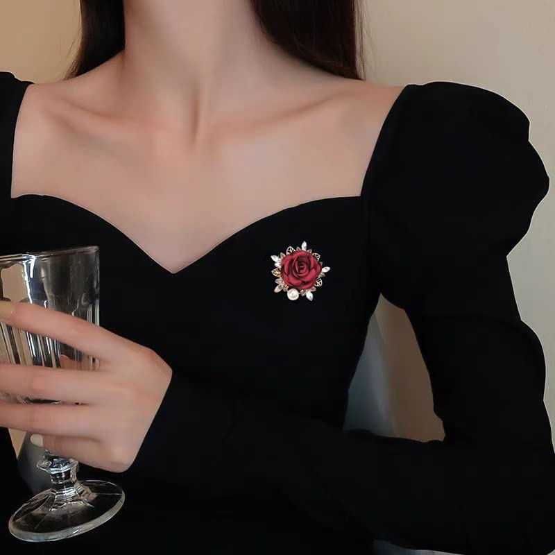 Elegant Rose Flower Brooch Pin for Women Men Wedding Party Gentleman's Essentials Handmade Imitation Crystal Pearl Fabric Flower Lapel Pin Dress Suit Accessories Boutonniere Ideas Gift - color: Red