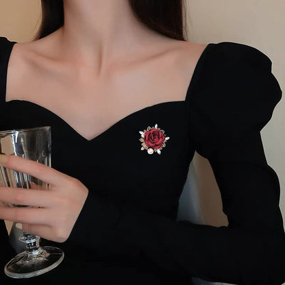 Elegant Rose Flower Brooch Pin for Women Men Wedding Party Gentleman's Essentials Handmade Imitation Crystal Pearl Fabric Flower Lapel Pin Dress Suit Accessories Boutonniere Ideas Gift - color: Red