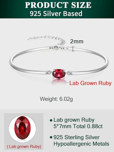 Moissanite/Sapphire/Ruby/Emerald Cuff Bracelet 1 Carat Oval Cut Center Stone Inlaid 925 Sterling Silver 14K Gold Plated Adjustable Birthstone Bangle for Women fit Wrist 5-7.5 Inch - color: Ruby Silver