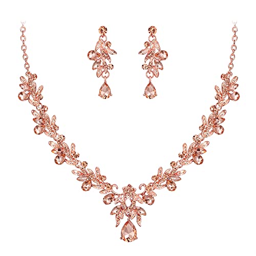 Women's Wedding Jewelry Set Leaf Flower for Bridal Prom Party | Stunning Crystal Teardrop Marquise Cluster Pendant Necklace Dangle Earrings Set for Bride Bridesmaid - color: 07-Peach Rose-Gold-Plated-Base