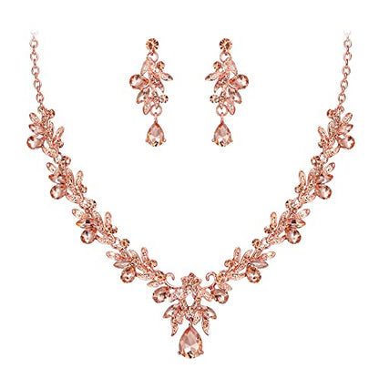 Women's Wedding Jewelry Set Leaf Flower for Bridal Prom Party | Stunning Crystal Teardrop Marquise Cluster Pendant Necklace Dangle Earrings Set for Bride Bridesmaid - color: 07-Peach Rose-Gold-Plated-Base