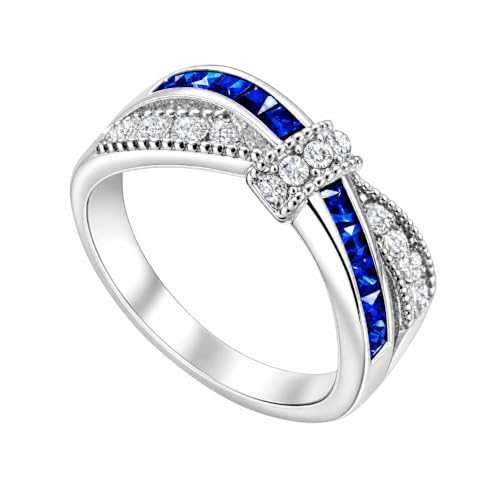 1 Ct Blue Sapphire Crystal Promise Engagement Ring September Birthstone Cubic Zirconia Ring for Women White Gold Plated