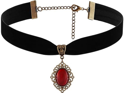 Red Velvet Victorian Choker, Black Choker, Gothic Goth Vintage Necklace | Zinc Alloy, Glass, Velvet, 12.6 in & 4.3 in extender chain, Gothic Vintage Steampunk Jewelry, Halloween Costumes Jewelry