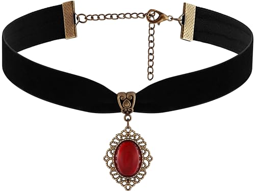 Red Velvet Victorian Choker, Black Choker, Gothic Goth Vintage Necklace | Zinc Alloy, Glass, Velvet, 12.6 in & 4.3 in extender chain, Gothic Vintage Steampunk Jewelry, Halloween Costumes Jewelry