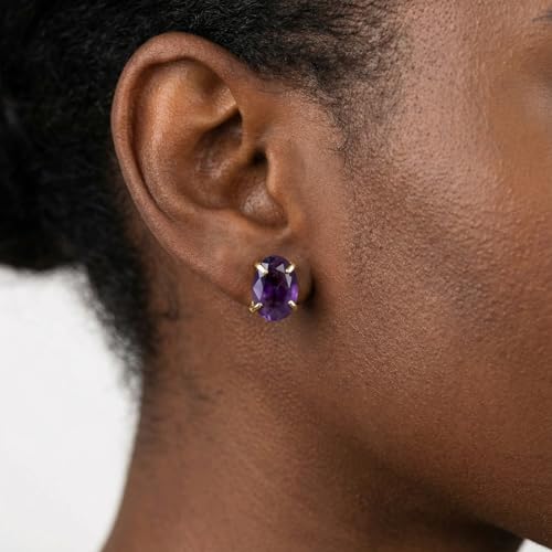 Amethyst Earrings, Natural Gemstone Oval Faceted Purple Stud Earrings, Gold Plated Birthstone Crystal Earrings for Women
