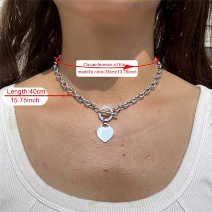 WangGao Elegent Love Stainless Steel Link Chain Blank Heart Charms Necklace for Women Toggle Clasp Closure - color: Silver, size: 15.74inches