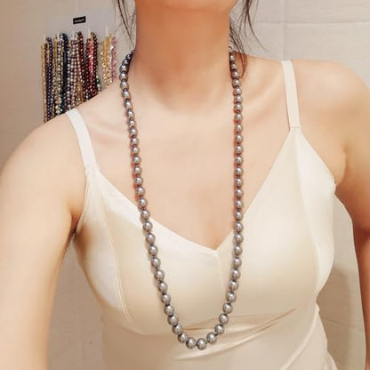 Long Simulated 10mm AAA Pearl Strand Necklace for Women Multicolor Pearl Choker Necklace 1920s Pearl Statement Necklace Costume Jewelry - color: 10mm Grey 24 Inches