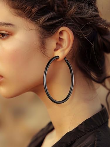 FindChic Hoop Earrings for Women, Silver/Black/14K Gold Plated Hypoallergenic Hollow Round Tube Loop Earrings, 20mm/30mm/40mm/60mm/80mm Chunky Hoops with Custom Name Options & Gift Box - color: a.Black, size: 80MM