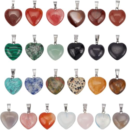 PH PandaHall 25pcs Heart Stone Charms, Crystal Chakra Stone Pendant Love Heart Shape Quartz Gemstone Charms Pendants for Valentine's Day Mother Wedding Birthday Necklace Jewelry Making Keychain - color: 2 Sizes Heart -25pcs