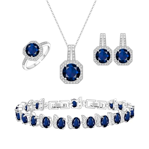 GZWHD Jewelry Set for Women CZ Earrings Necklace Ring Bracelet Set Prom Party Wedding Jewelry Gift for Mother Friend Wife - color: D-Blue
