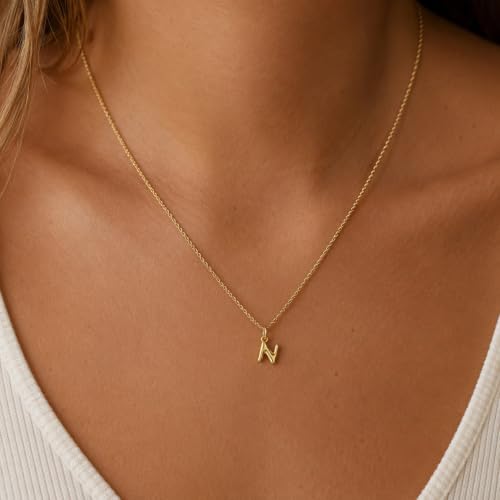 Gold Puffed Initial Letter Charm - 10 Karat Gold - 3D Bubble Letter Pendant - style: Letter n