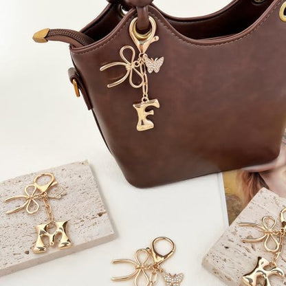 Gold Bubble Heart, Cherry, Bow & More Designs Letter Initial Keychain Bag Charms – Cute Purse Charms for Handbags - color: Bow & Butterfly, style: F