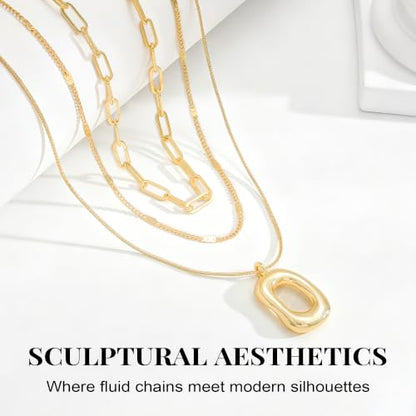 14K Gold/Silver Plated Dainty Snake Chain Layered Necklace for Women | Irregular Oval Pendant Minimalist Dainty Statement Gold Layering Everyday Jewelry - color: Gold - Rose