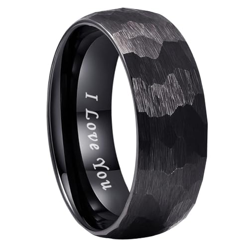TUTISS 6mm 8mm Silver/Black/Gold/Rose Gold Hammered Tungsten Rings for Men Women Couple Fashion Jewelry Engagement Wedding Bands Domed Matte Finish Comfort Fit - color: 8mm Black I Love You Engraved
