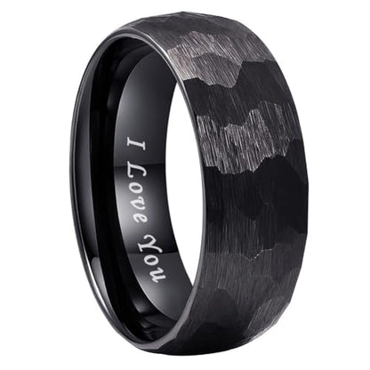 TUTISS 6mm 8mm Silver/Black/Gold/Rose Gold Hammered Tungsten Rings for Men Women Couple Fashion Jewelry Engagement Wedding Bands Domed Matte Finish Comfort Fit - color: 8mm Black I Love You Engraved