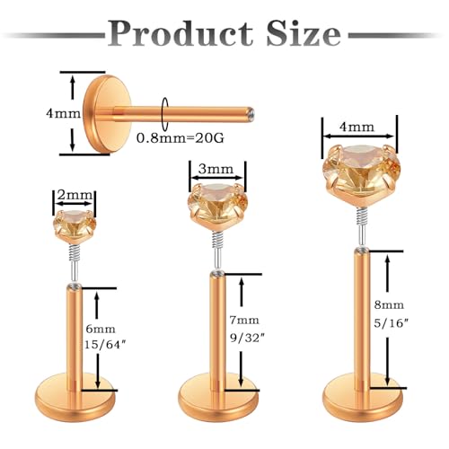 Gotumo 20G 18G 16G Flat Back Earrings Stud Nose Ring Titanium Internal Thread Tragus Labret Cartilage Lip Medusa Conch Body Piercing Jewelry Nose Stud Hypoallergenic for Women Men - color: Rose Gold, size: 20G Bar-6/7/8mm & CZ-2/3/4mm