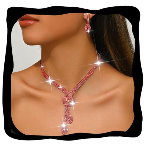 Unicra Silver Rhinestone Bridal Wedding Jewelry Set Crystal Necklace Earrings Sets Formal Prom Costume Jewelry Sets for Women and Brides - color: Red