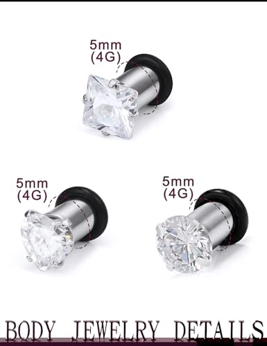 Jenxnjsjo 14g to 7/8in Ear Gauges Plugs Tunnels Taper Earrings Stretching Expander Kit Set for Women Men - color: 061: Cubic Zirconia, Clear, 3Pairs, size: 4g (5mm)