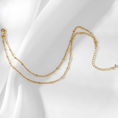 Pencros Dainty Layered Anklet,14K Gold Filled Cute Beads Satellite Chain Heart Boho Adjustable Anklets for Women - color: Layer Beads Gold