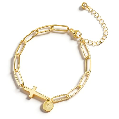 Gold Bracelets for Women,14K Gold-Plated Dainty A-Z Letter Cross Initial Bracelet for Women, Hypoallergenic Paperclip Chain Bracelets Fashion Accessories Religious Christian Gift - color: P