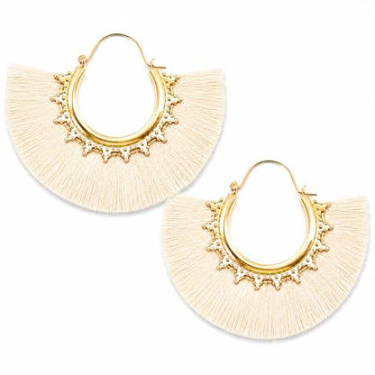 Tassel Hoop Earring Statement Thread Dangle Earrings Stylish Long Fringe Drop Earrings Lightweight Long Swingy French Hook Earrings for Women - color: B White